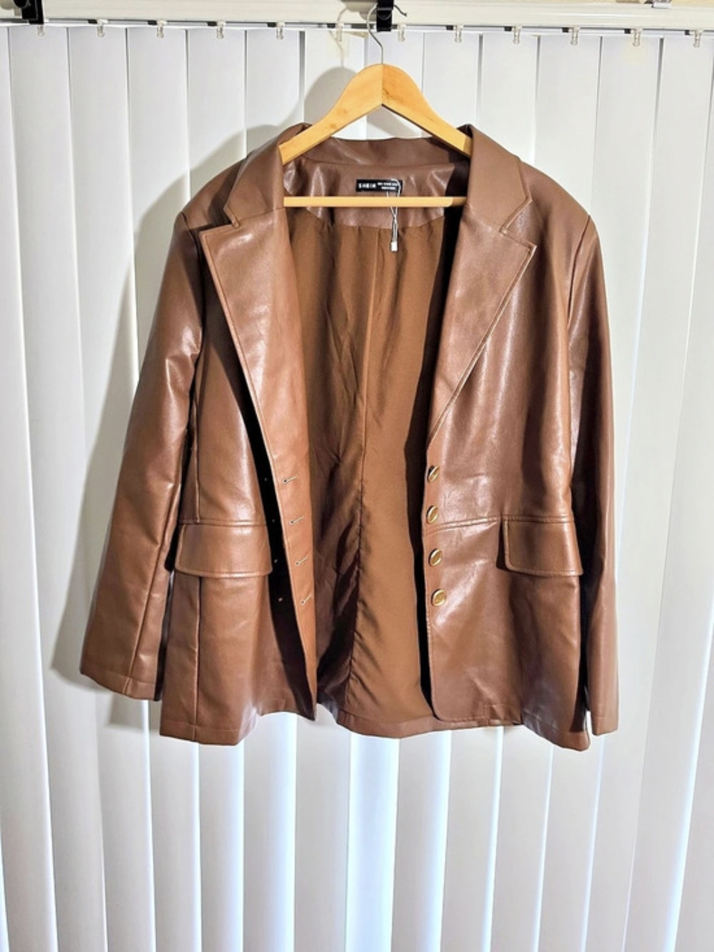SHEIN Women's Brown Leather-Look Blazer Jacket